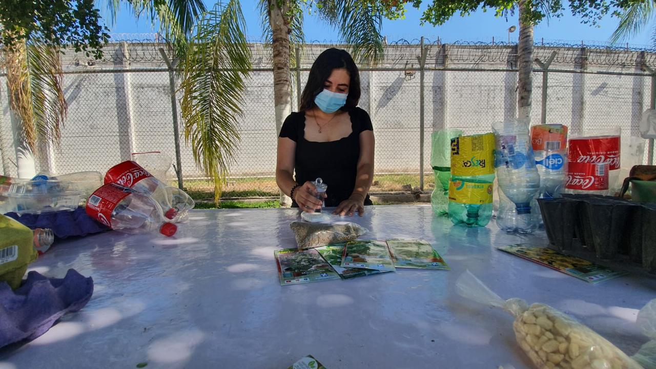 Mujer adulta trabajando con botellas reutilizadas durante una actividad ambiental